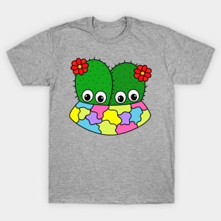 Cute Cactus Design #314: Cacti Couple With Flowers In Pretty Pot T-Shirt